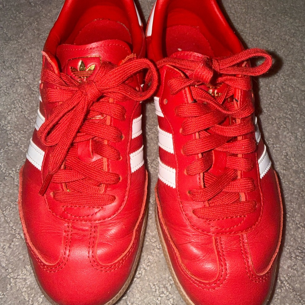 adidas Red Leather Trainers with White Three Stripes